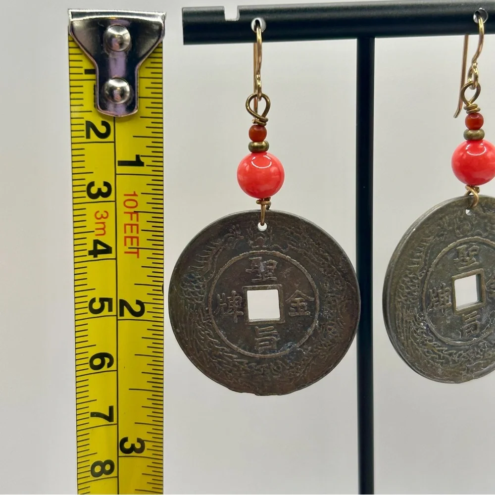Vintage Asian Charm Coin Dangle Earrings